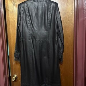 Double D Ranch Black Leather Fringe Long Coat